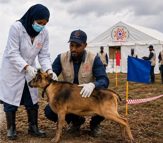 Lemur Quality veterinary team examining a goat at a field inspection tent