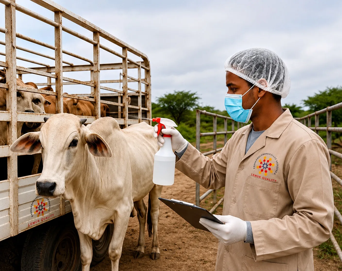Lemur Quality officer disinfecting cattle beside a transport truck