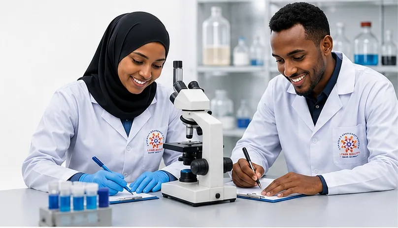 Two Lemur Quality scientists working at a microscope with test tubes