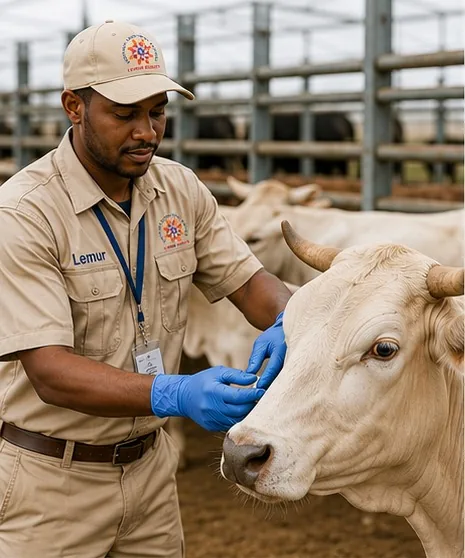 Lemur Quality officer examining a white cow wearing protective gloves