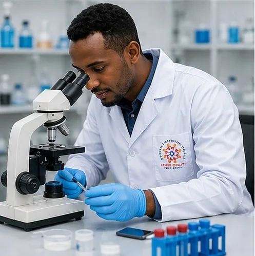 Lemur Quality researcher analysing samples under a microscope