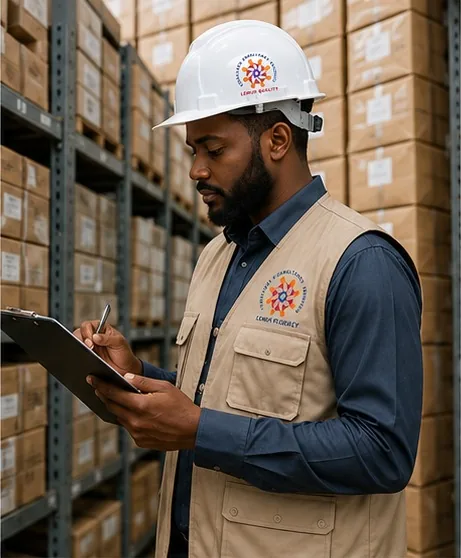 Lemur Quality inspector with clipboard and hard hat checking warehouse stock